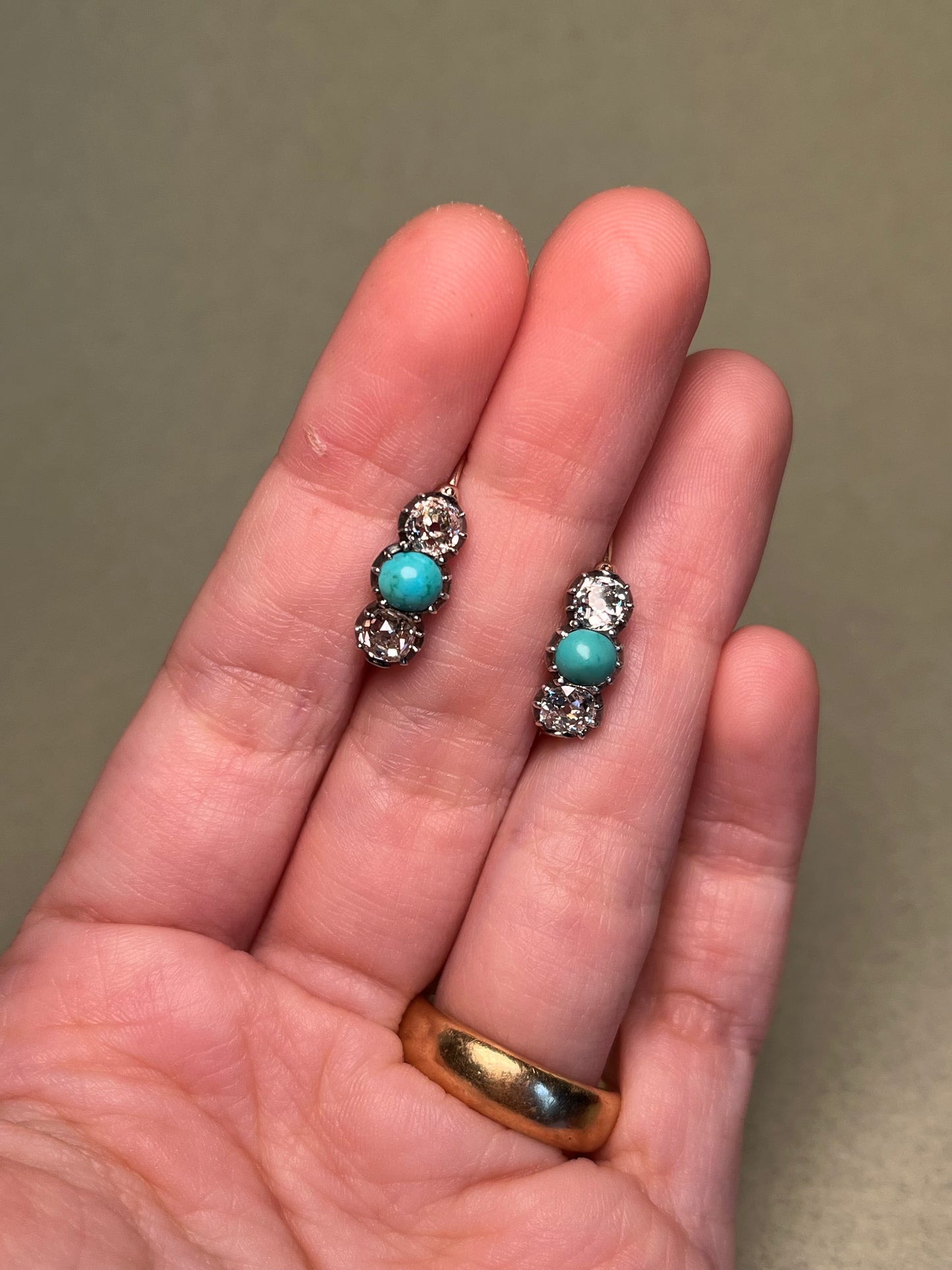 Georgian Collet Poissarde Hoop Earrings with Old Mine Cut Diamonds and Turquoise