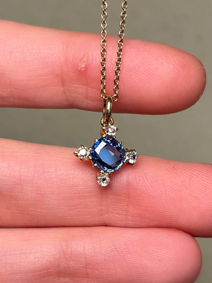Antique Sapphire and Old Mine Cut Diamond Quatrefoil/Cruciform Charm