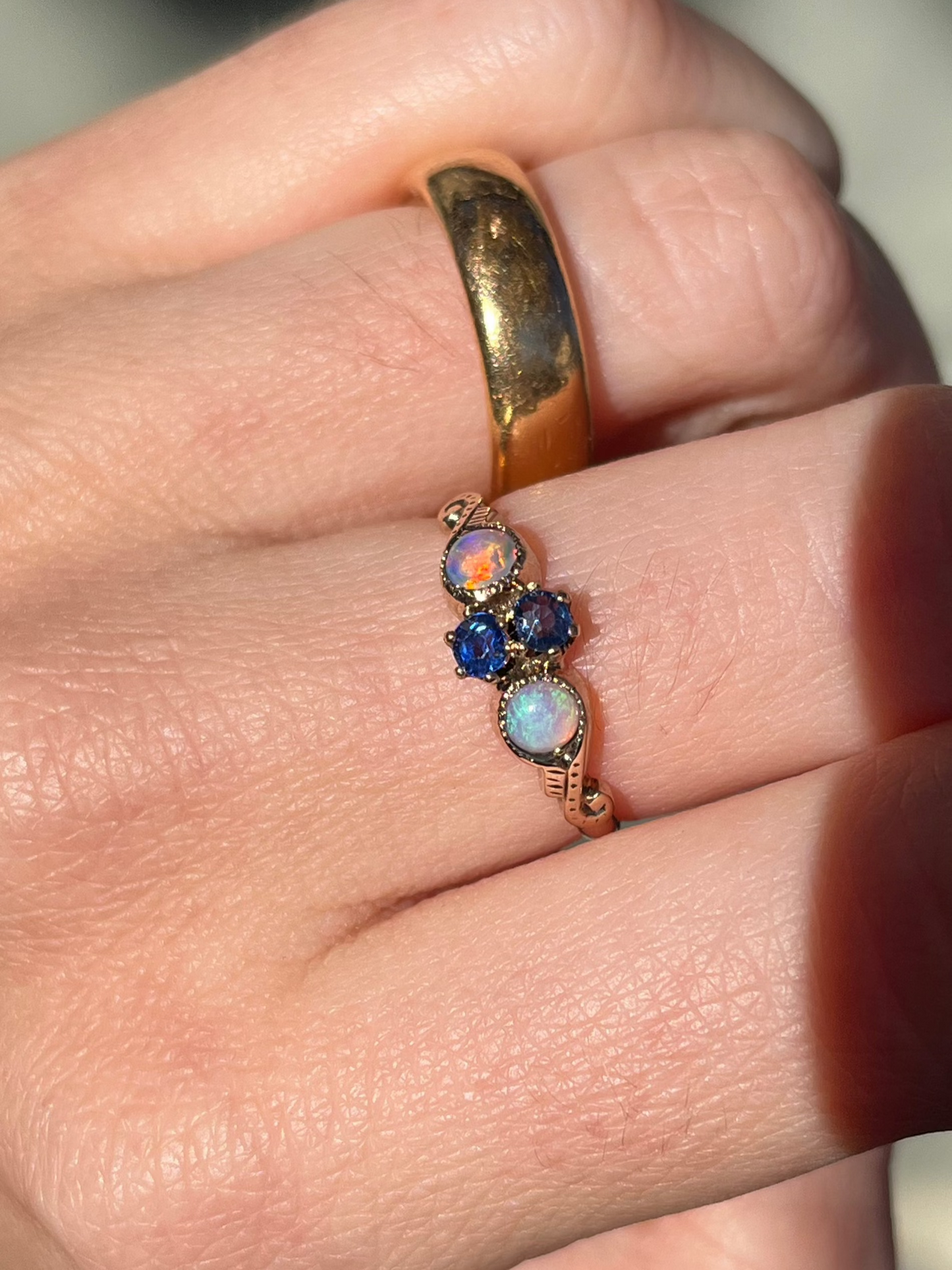 Antique 10K Rosy Gold Ring with Sapphires and Opals