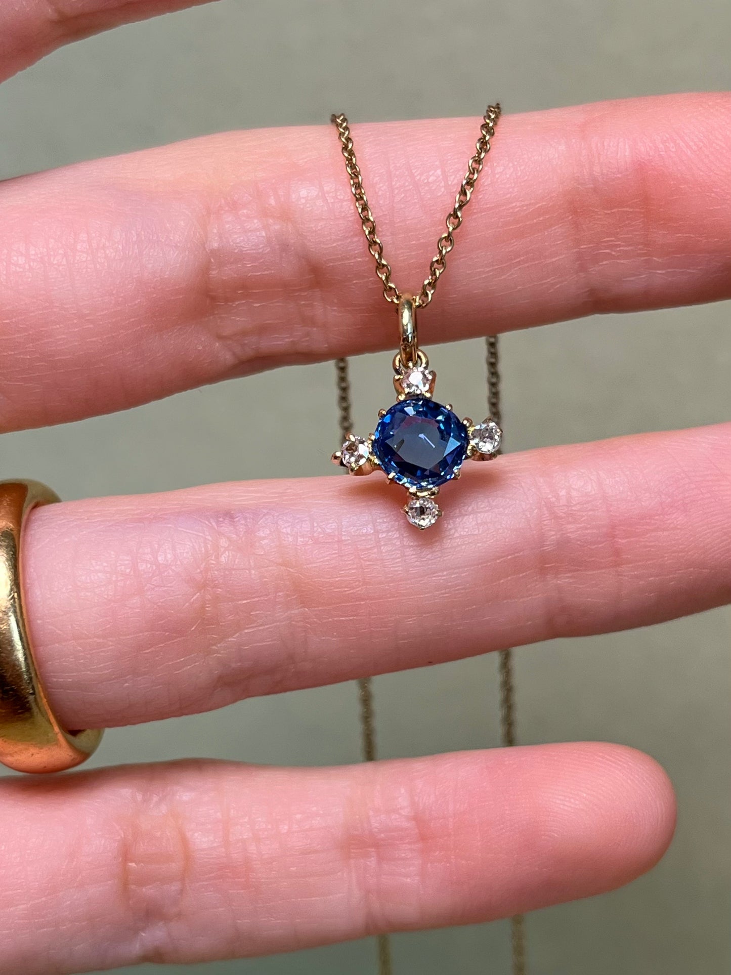 Antique Sapphire and Old Mine Cut Diamond Quatrefoil/Cruciform Charm
