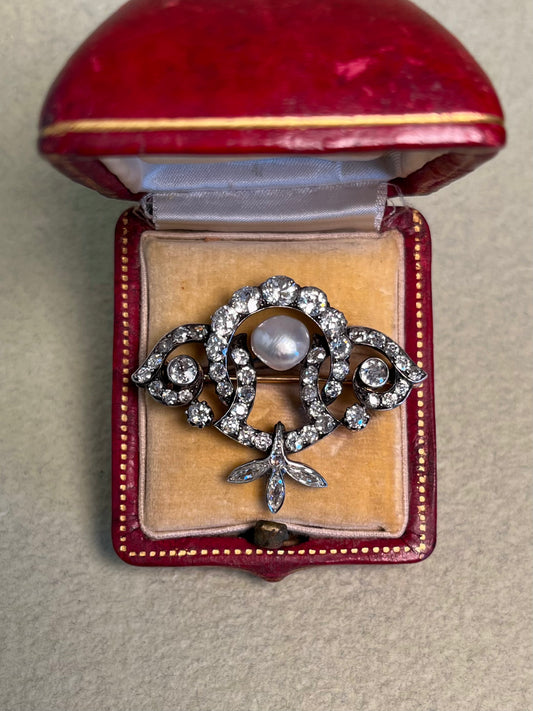 GIA Antique French Victorian Diamond and Natural Pearl Tiara Component Brooch