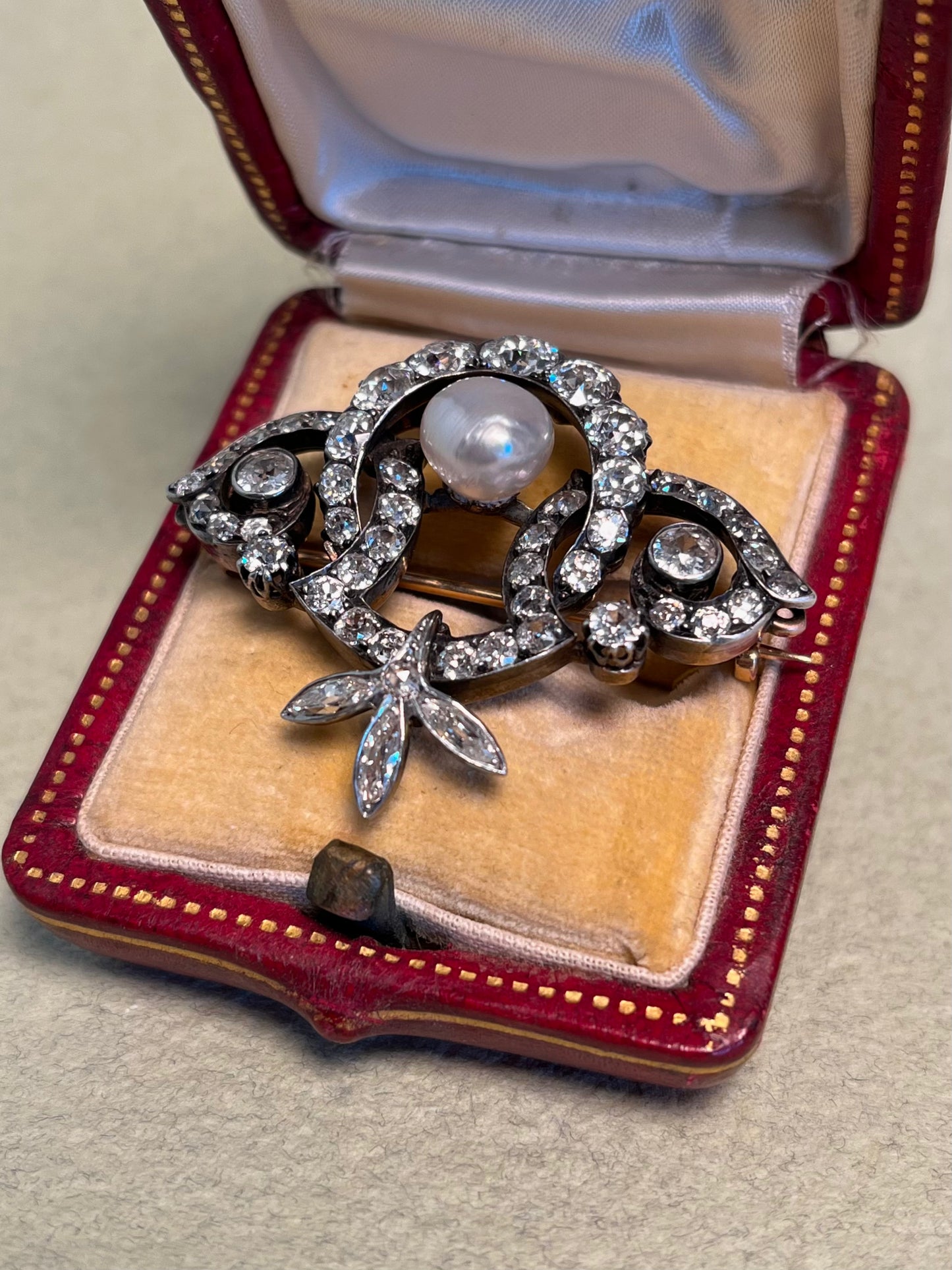 GIA Antique French Victorian Diamond and Natural Pearl Tiara Component Brooch
