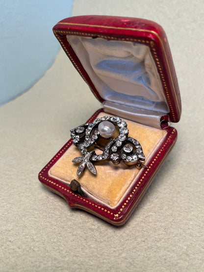 GIA Antique French Victorian Diamond and Natural Pearl Tiara Component Brooch