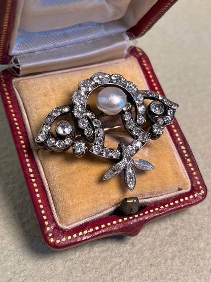 GIA Antique French Victorian Diamond and Natural Pearl Tiara Component Brooch