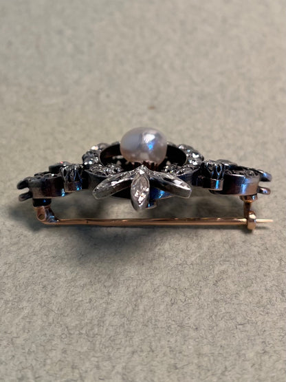 GIA Antique French Victorian Diamond and Natural Pearl Tiara Component Brooch