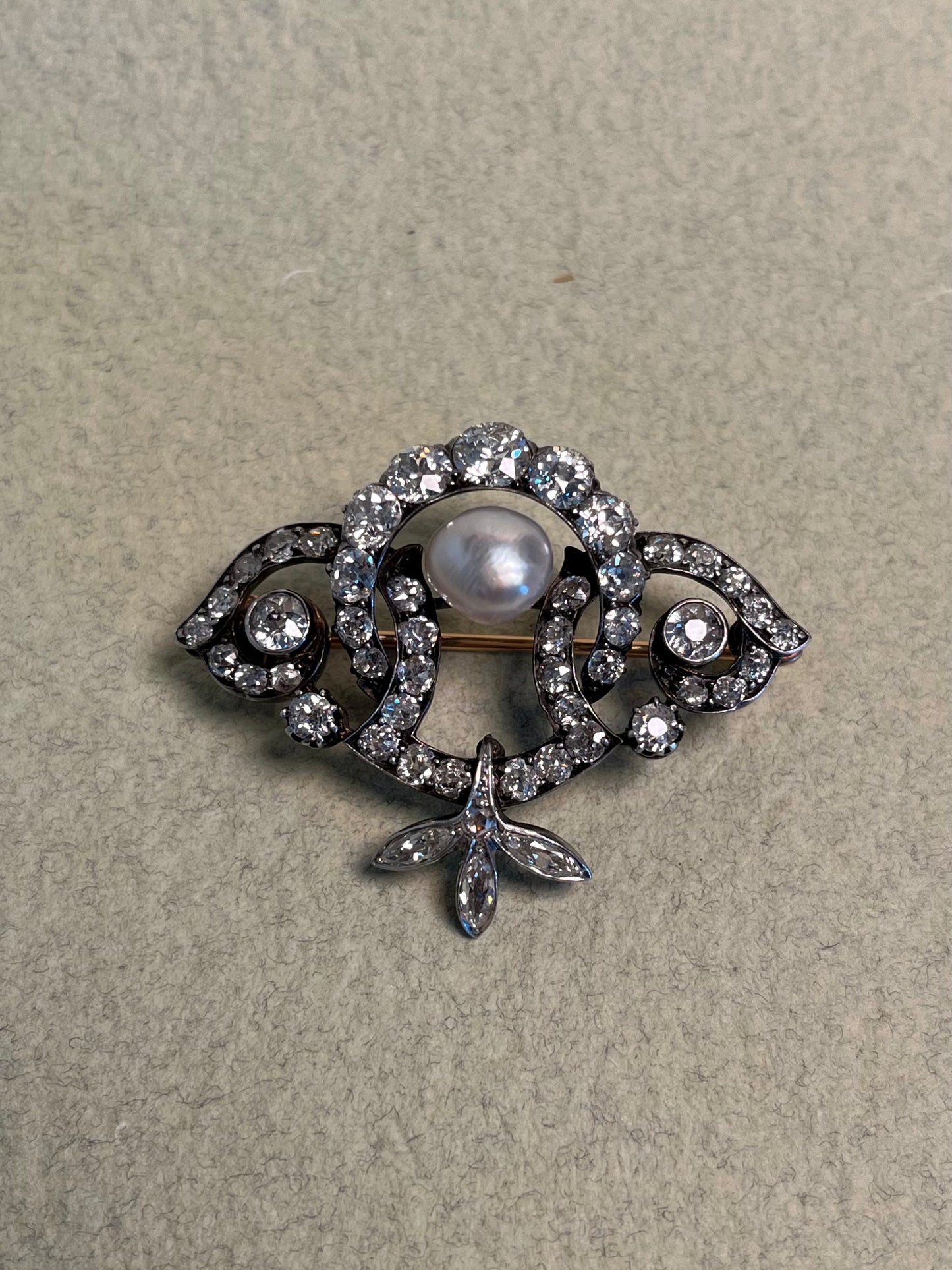 GIA Antique French Victorian Diamond and Natural Pearl Tiara Component Brooch