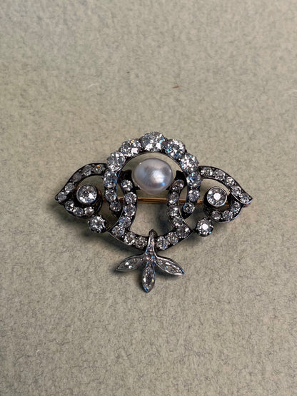 GIA Antique French Victorian Diamond and Natural Pearl Tiara Component Brooch
