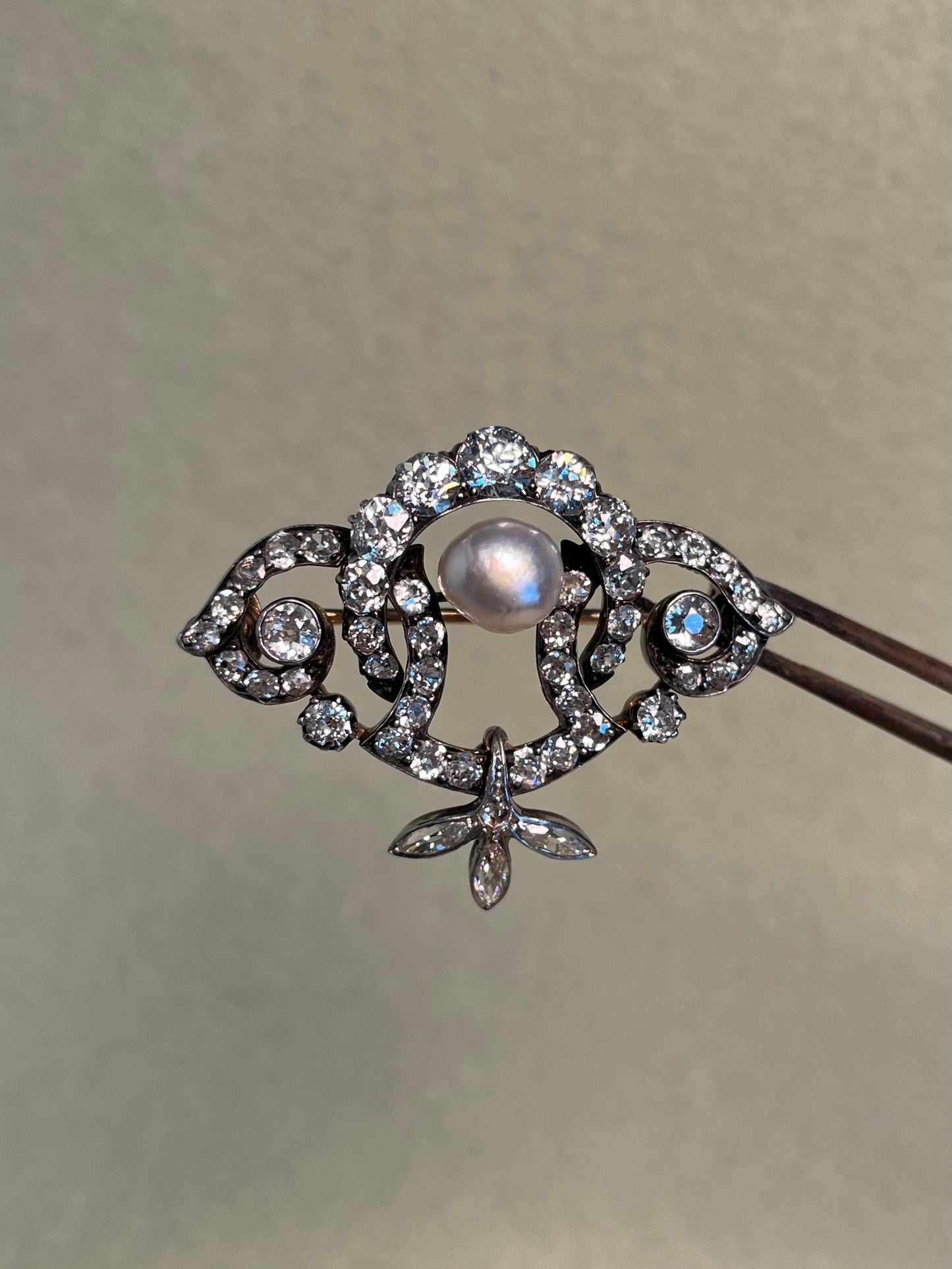 GIA Antique French Victorian Diamond and Natural Pearl Tiara Component Brooch