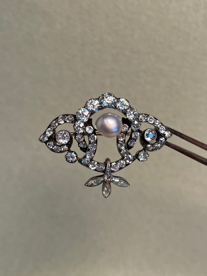 GIA Antique French Victorian Diamond and Natural Pearl Tiara Component Brooch