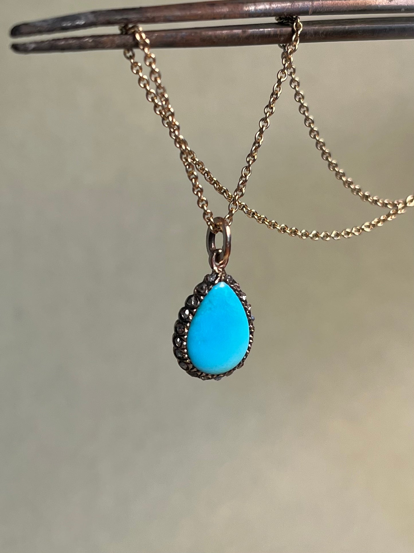 Victorian Turquoise and Rose Cut Diamond Teardrop Charm