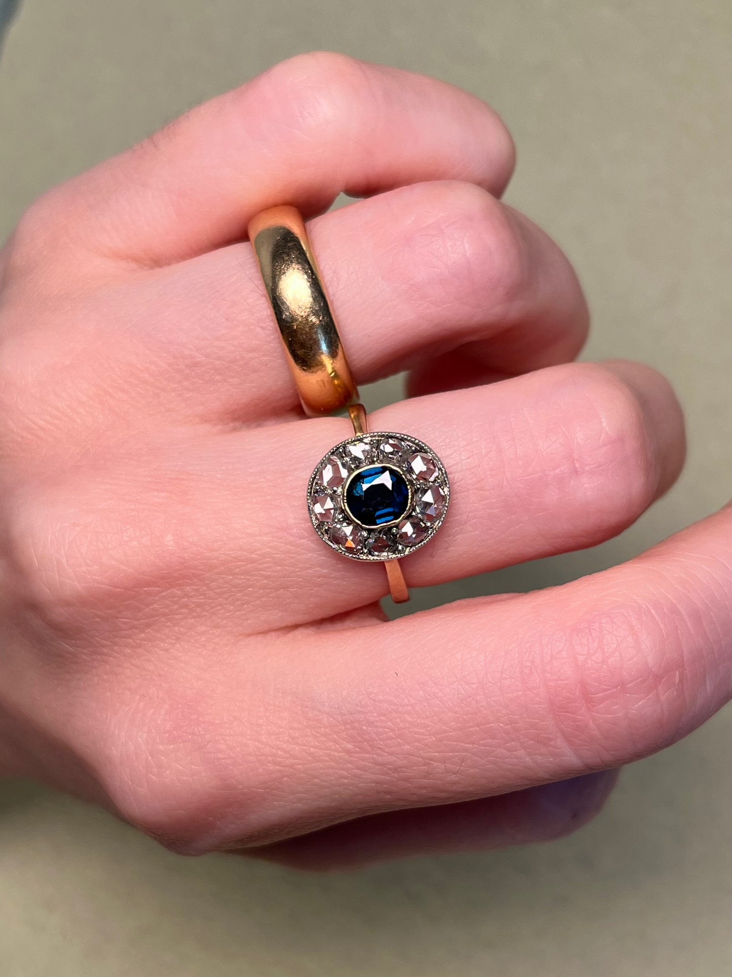 Edwardian Rose Cut Diamond and Sapphire Target Ring