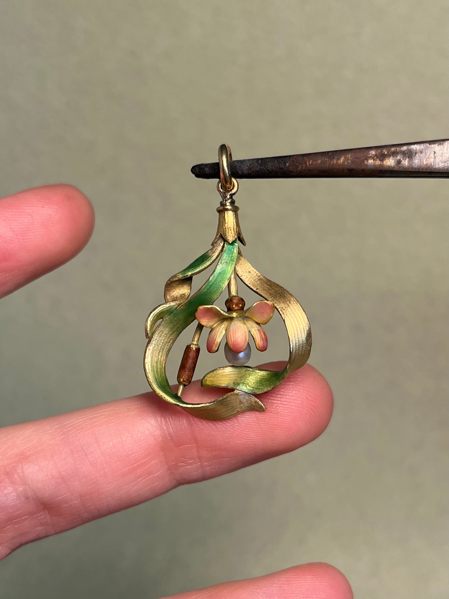 18K French Art Nouveau Lotus Pendant, Translucent Enamel and Natural Pearl