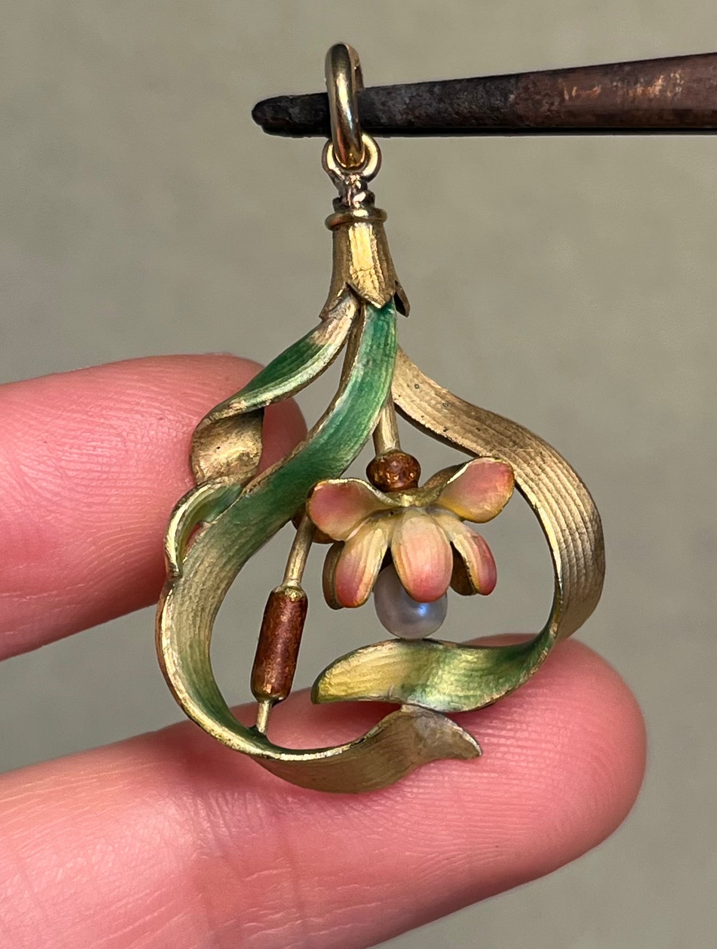 18K French Art Nouveau Lotus Pendant, Translucent Enamel and Natural Pearl