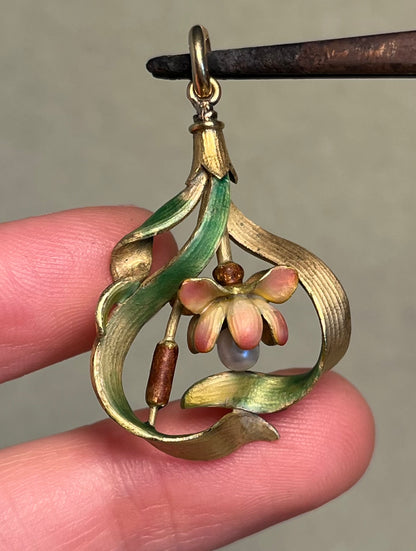 18K French Art Nouveau Lotus Pendant, Translucent Enamel and Natural Pearl