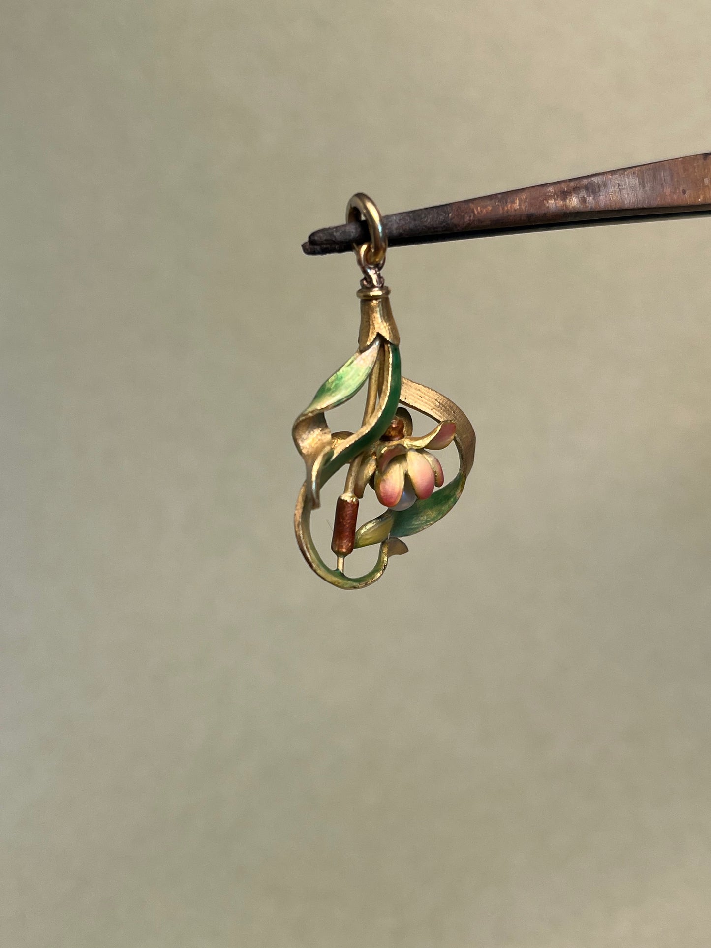 18K French Art Nouveau Lotus Pendant, Translucent Enamel and Natural Pearl