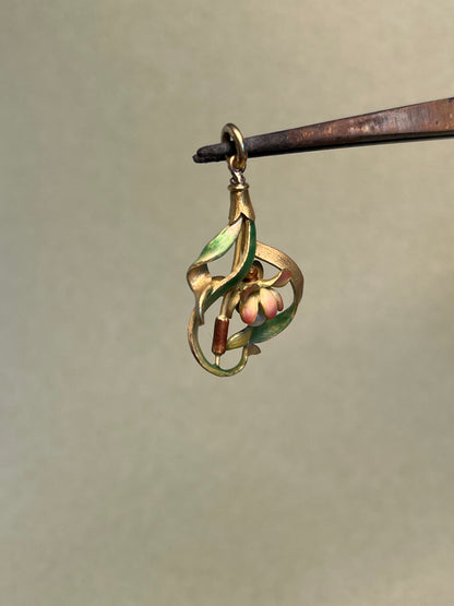18K French Art Nouveau Lotus Pendant, Translucent Enamel and Natural Pearl