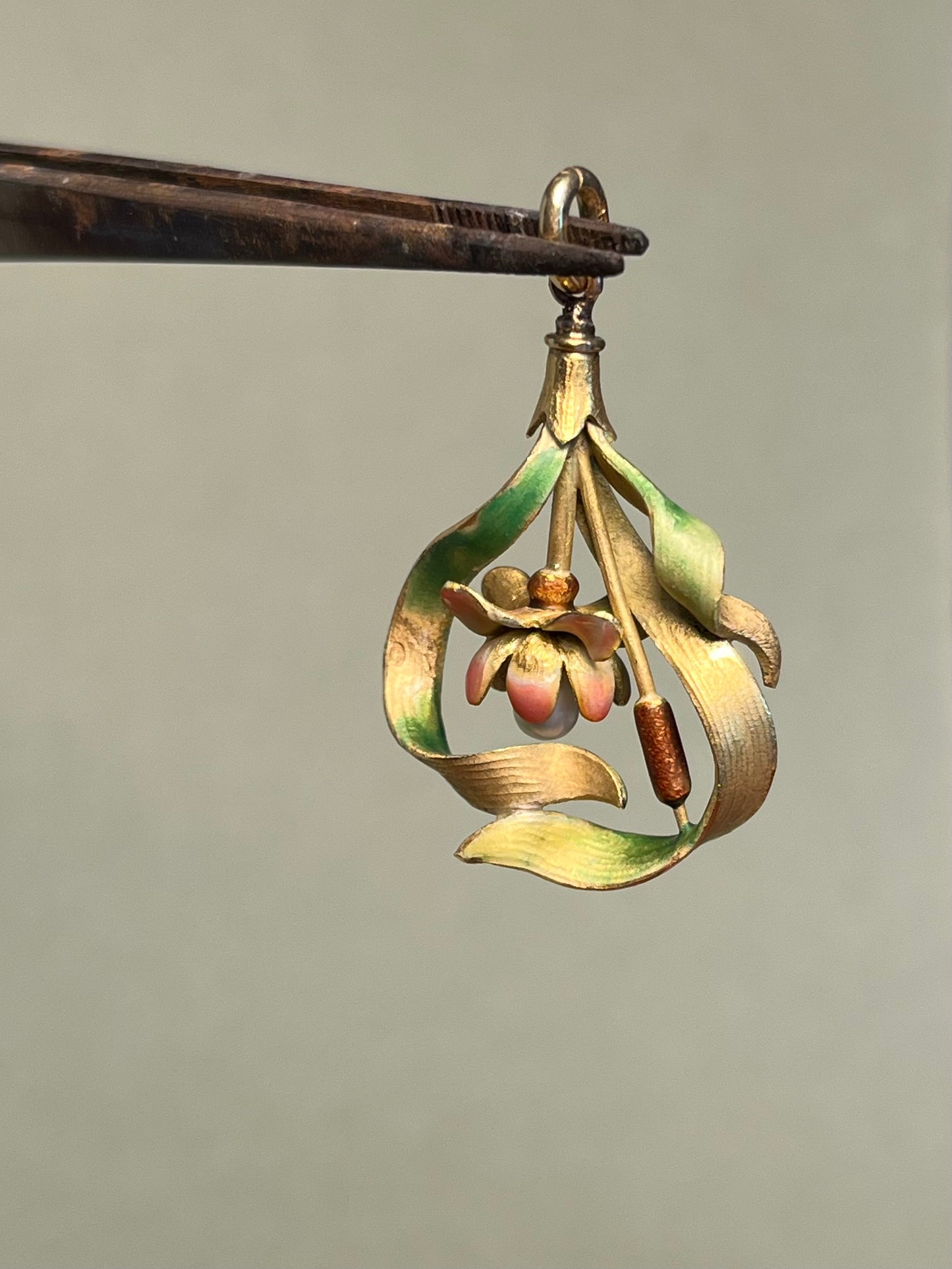 18K French Art Nouveau Lotus Pendant, Translucent Enamel and Natural Pearl