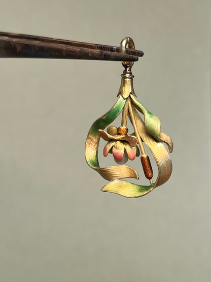 18K French Art Nouveau Lotus Pendant, Translucent Enamel and Natural Pearl
