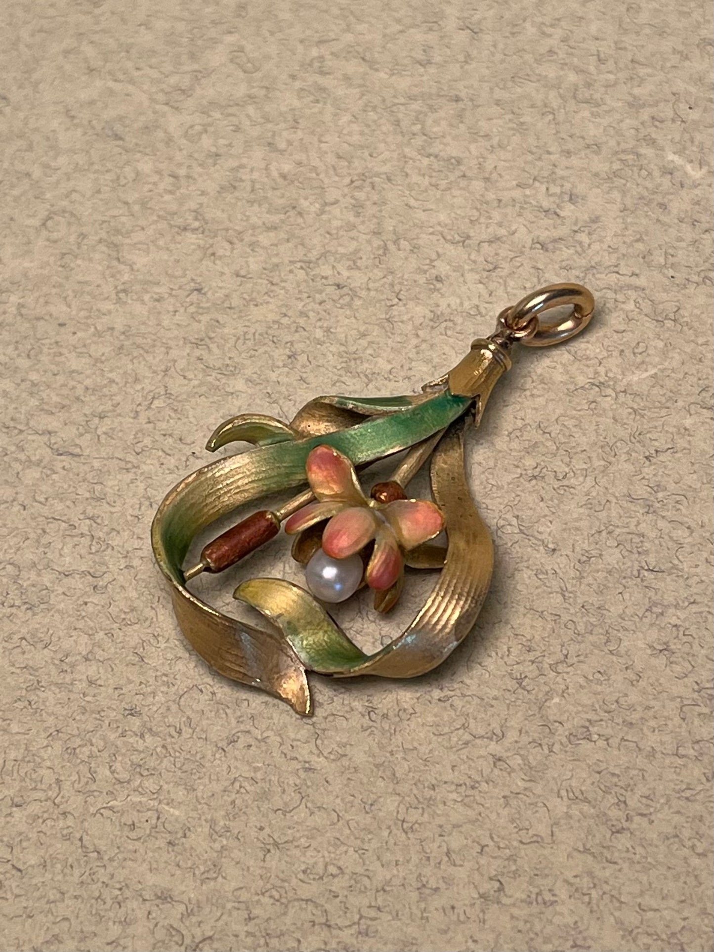 18K French Art Nouveau Lotus Pendant, Translucent Enamel and Natural Pearl