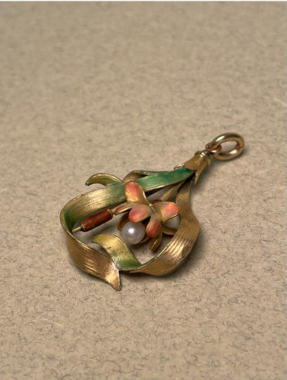 18K French Art Nouveau Lotus Pendant, Translucent Enamel and Natural Pearl