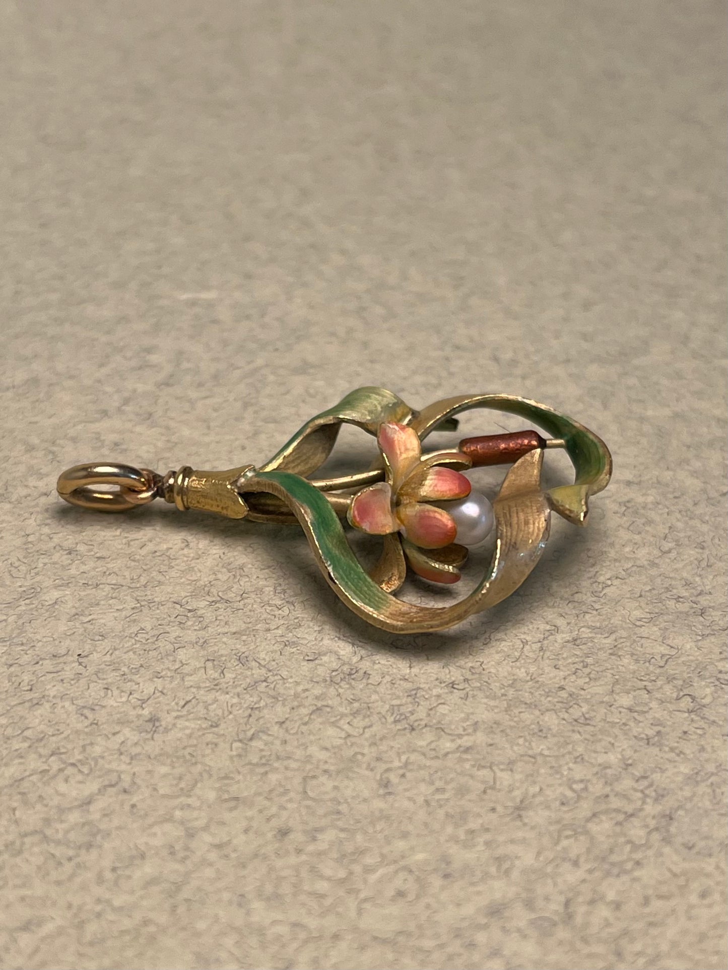 18K French Art Nouveau Lotus Pendant, Translucent Enamel and Natural Pearl
