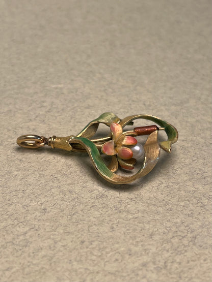 18K French Art Nouveau Lotus Pendant, Translucent Enamel and Natural Pearl