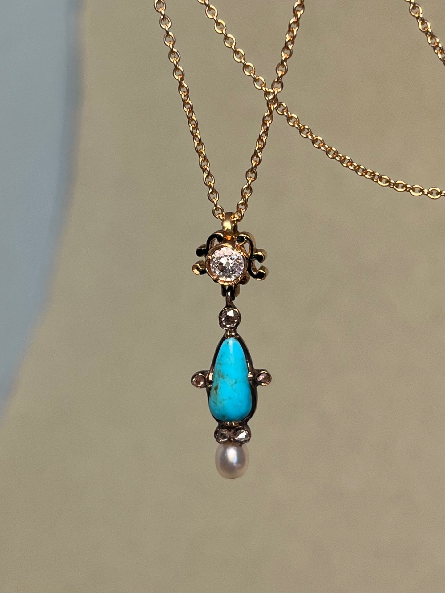 Victorian Turquoise and Old Mine Cut Diamond Pendant with Black Enamel and Natural Pearl on Gold Filled Chain