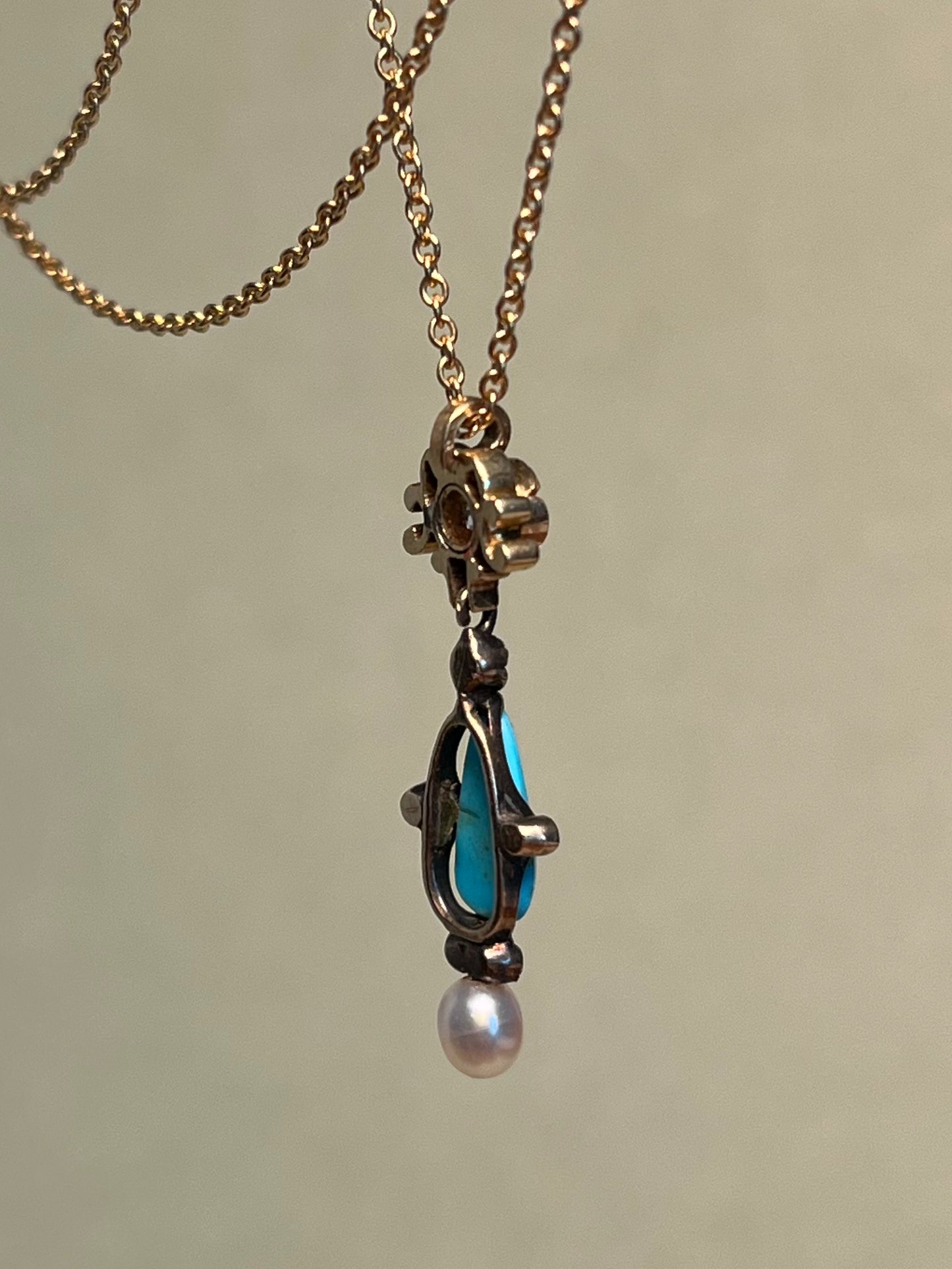 Victorian Turquoise and Old Mine Cut Diamond Pendant with Black Enamel and Natural Pearl on Gold Filled Chain