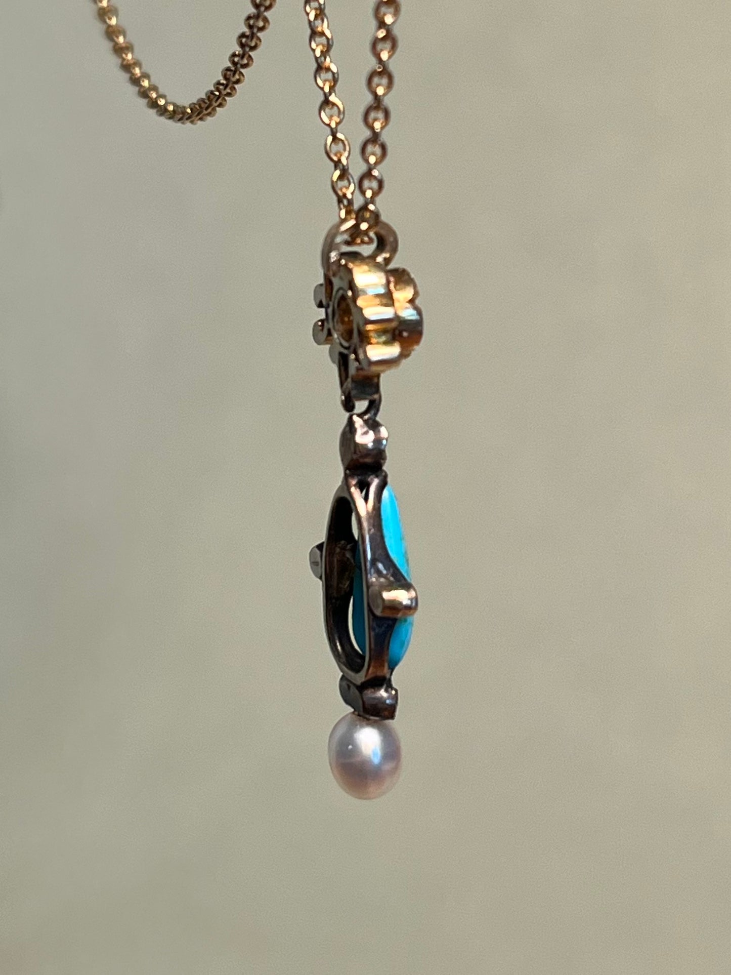 Victorian Turquoise and Old Mine Cut Diamond Pendant with Black Enamel and Natural Pearl on Gold Filled Chain