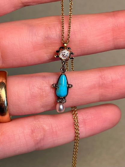 Victorian Turquoise and Old Mine Cut Diamond Pendant with Black Enamel and Natural Pearl on Gold Filled Chain
