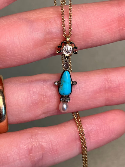 Victorian Turquoise and Old Mine Cut Diamond Pendant with Black Enamel and Natural Pearl on Gold Filled Chain