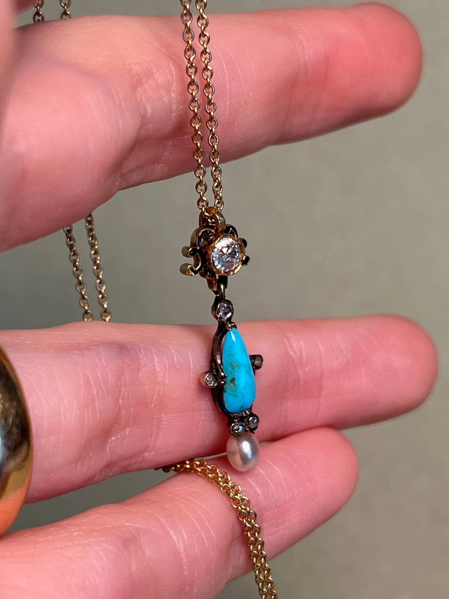 Victorian Turquoise and Old Mine Cut Diamond Pendant with Black Enamel and Natural Pearl on Gold Filled Chain