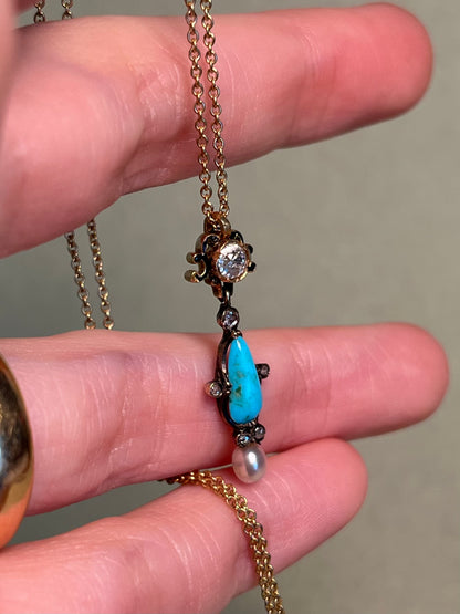Victorian Turquoise and Old Mine Cut Diamond Pendant with Black Enamel and Natural Pearl on Gold Filled Chain