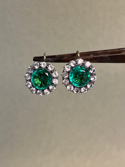 Vintage White Sapphire and Green Paste Cluster Earrings on 18K Wires * Chip
