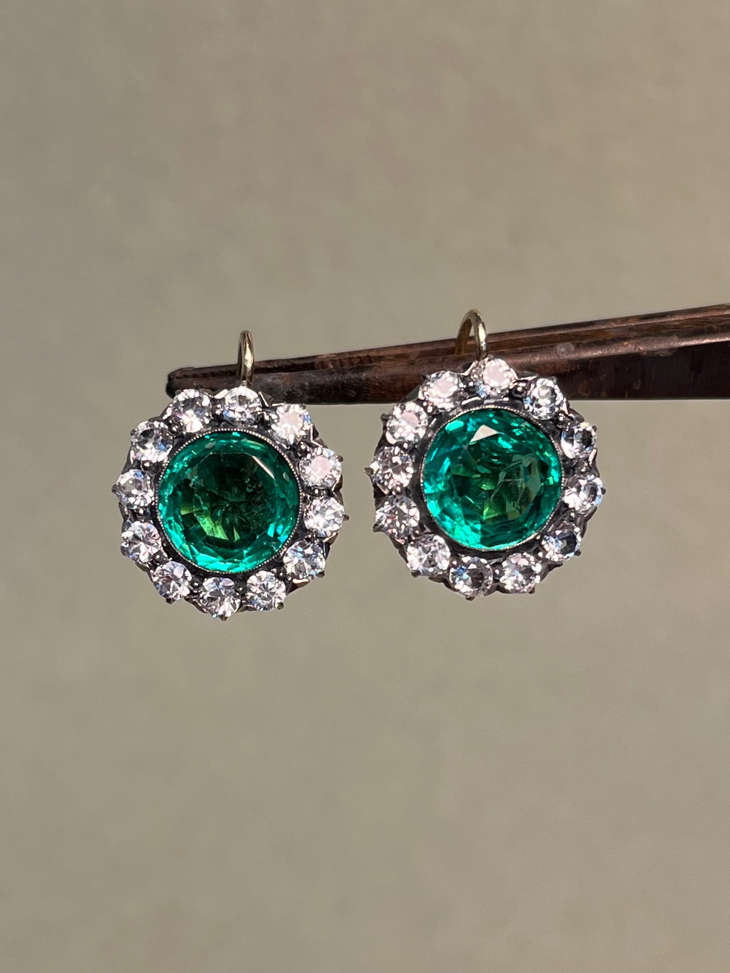 Vintage White Sapphire and Green Paste Cluster Earrings on 18K Wires * Chip