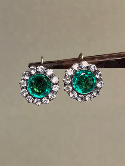 Vintage White Sapphire and Green Paste Cluster Earrings on 18K Wires * Chip