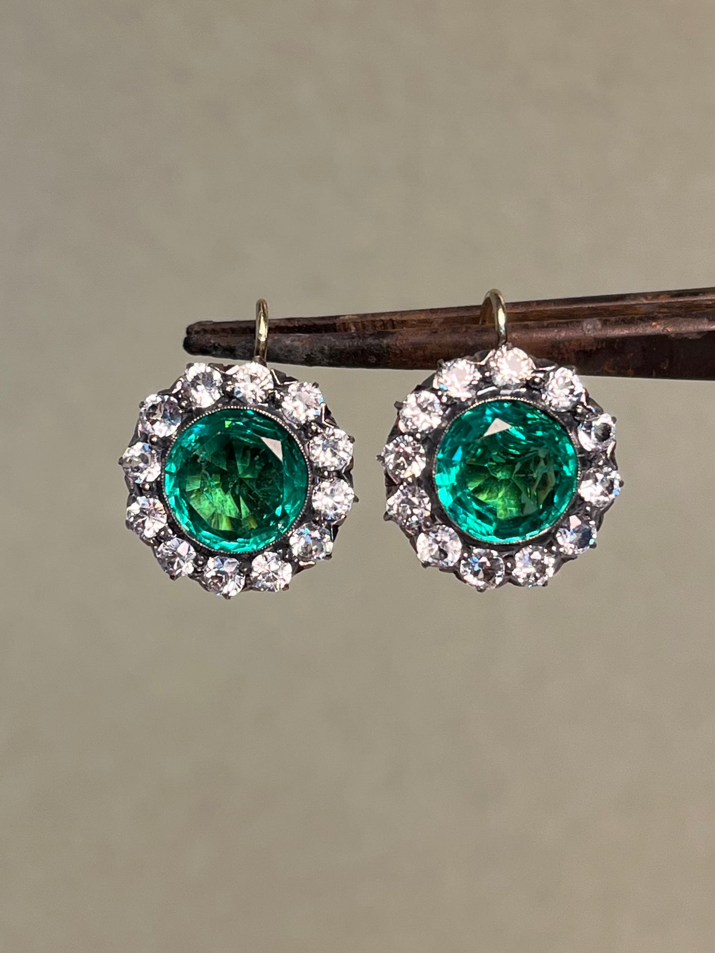 Vintage White Sapphire and Green Paste Cluster Earrings on 18K Wires * Chip