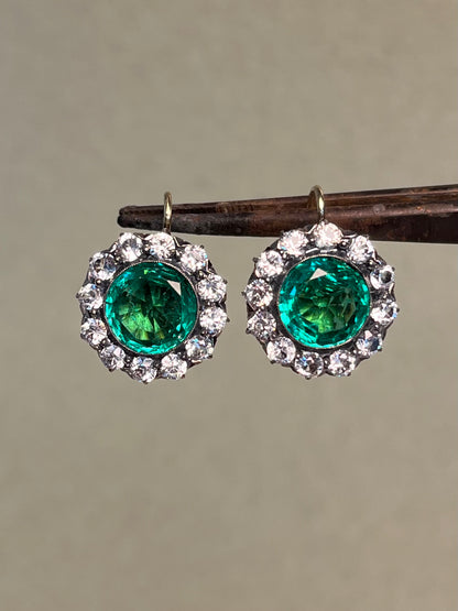 Vintage White Sapphire and Green Paste Cluster Earrings on 18K Wires * Chip