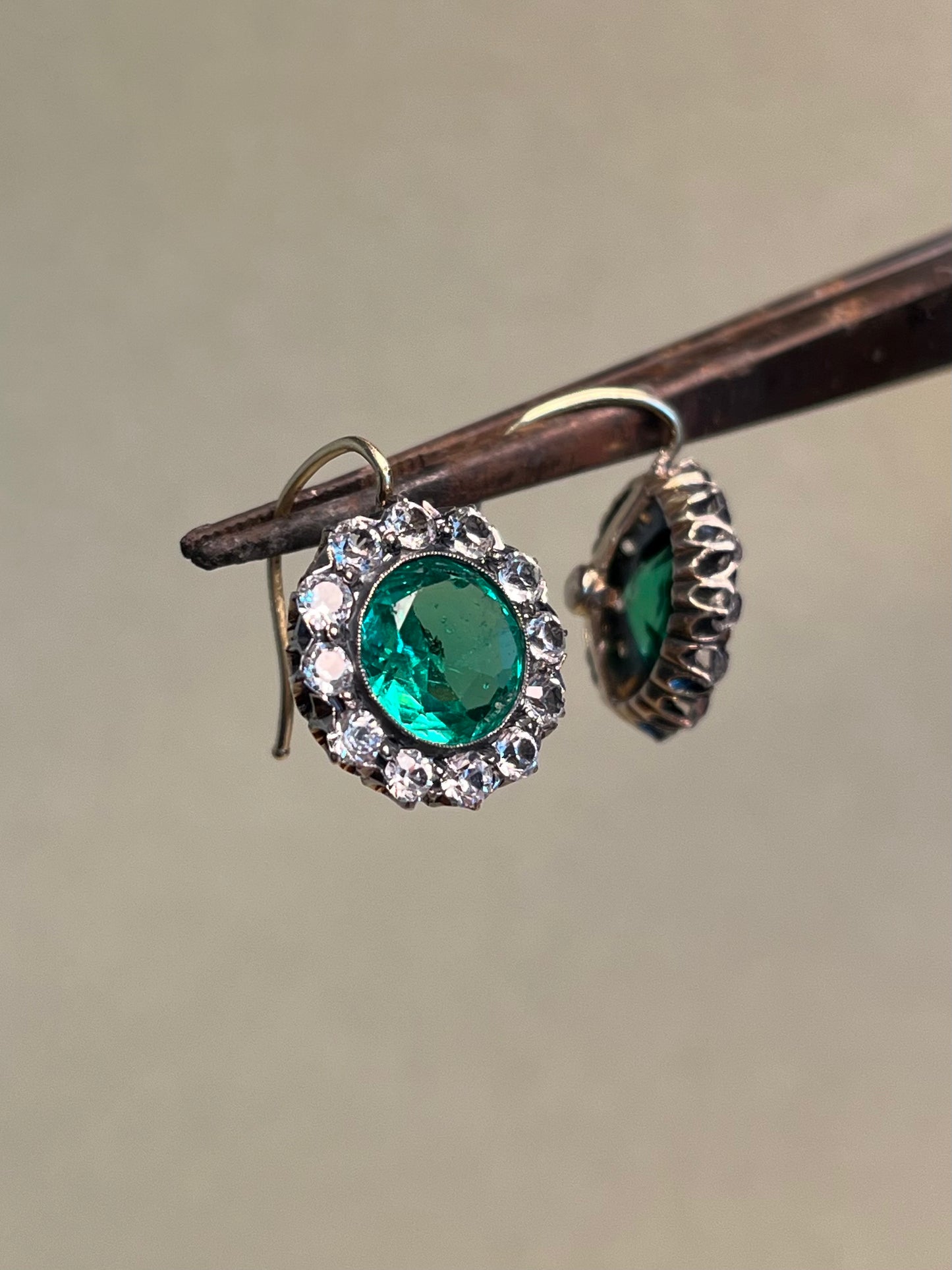 Vintage White Sapphire and Green Paste Cluster Earrings on 18K Wires * Chip