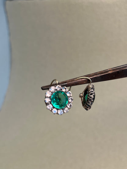 Vintage White Sapphire and Green Paste Cluster Earrings on 18K Wires * Chip