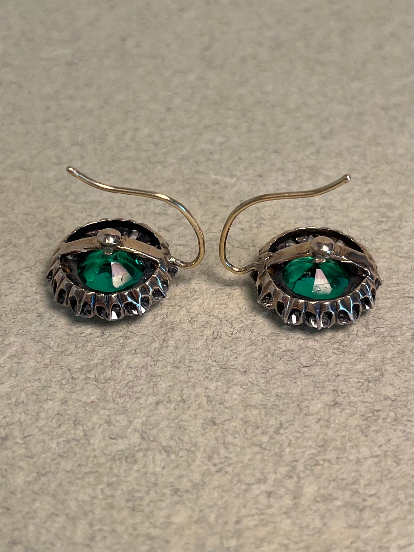 Vintage White Sapphire and Green Paste Cluster Earrings on 18K Wires * Chip