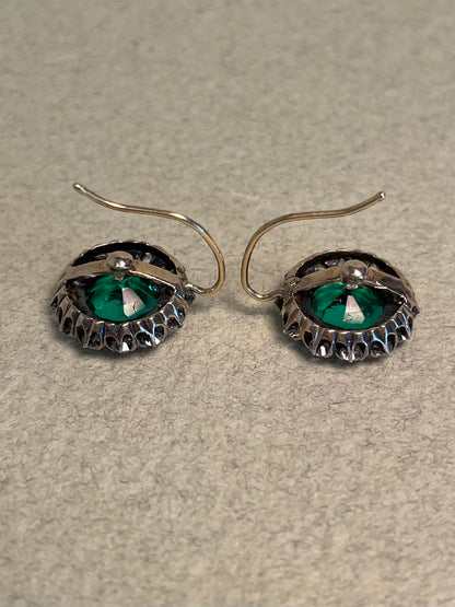Vintage White Sapphire and Green Paste Cluster Earrings on 18K Wires * Chip