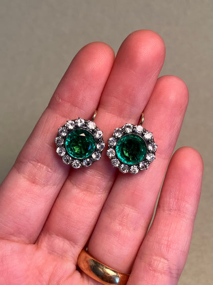 Vintage White Sapphire and Green Paste Cluster Earrings on 18K Wires * Chip