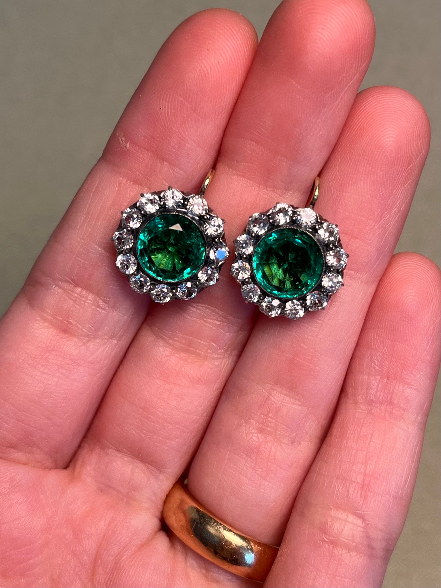 Vintage White Sapphire and Green Paste Cluster Earrings on 18K Wires * Chip