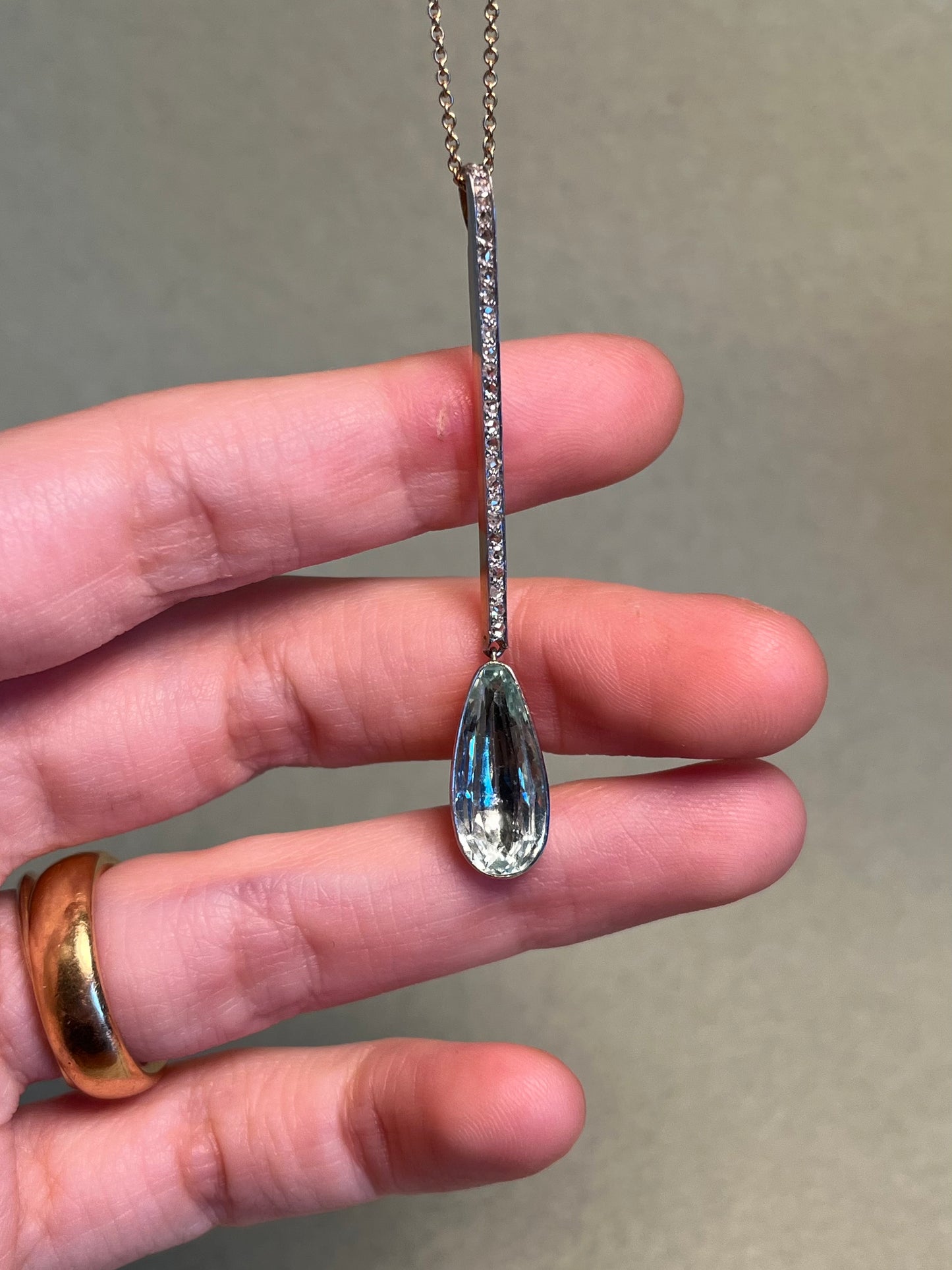 Rose Cut Diamond and Antique 4 Carat Aquamarine Drop Pendant in Platinum, 18K and 14K