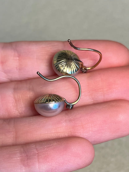 Antique Mabe Pearl and Rose Cut Diamond Drop Earrings
