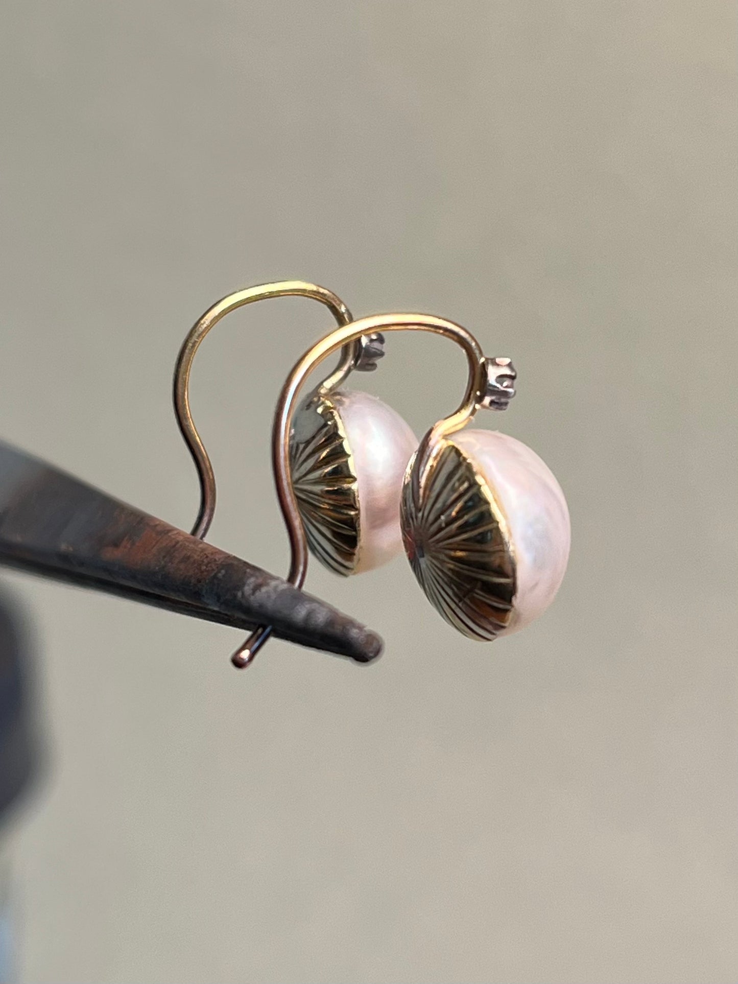 Antique Mabe Pearl and Rose Cut Diamond Drop Earrings