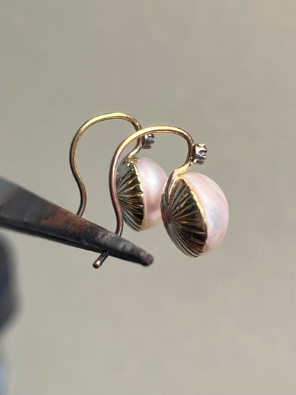 Antique Mabe Pearl and Rose Cut Diamond Drop Earrings