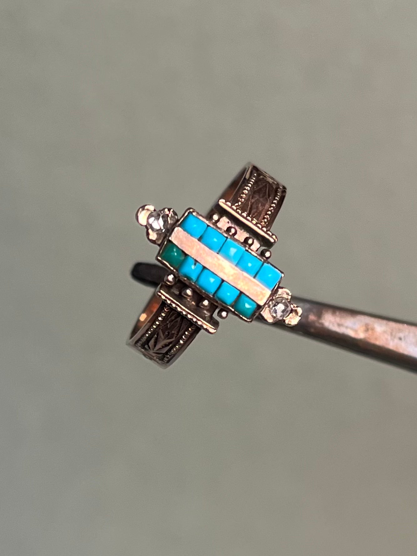 Victorian Turquoise and Rose Cut Diamond Ring in 10K Rosey Gold