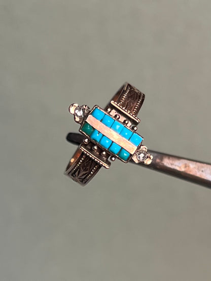 Victorian Turquoise and Rose Cut Diamond Ring in 10K Rosey Gold